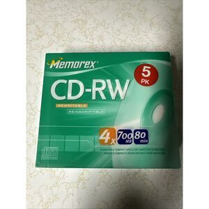 MEMOREX CD-RW REWRITABLE 5pk 700MB 80 MINUTES w/SLIM JEWEL CASES 4X SPEED E4-50w